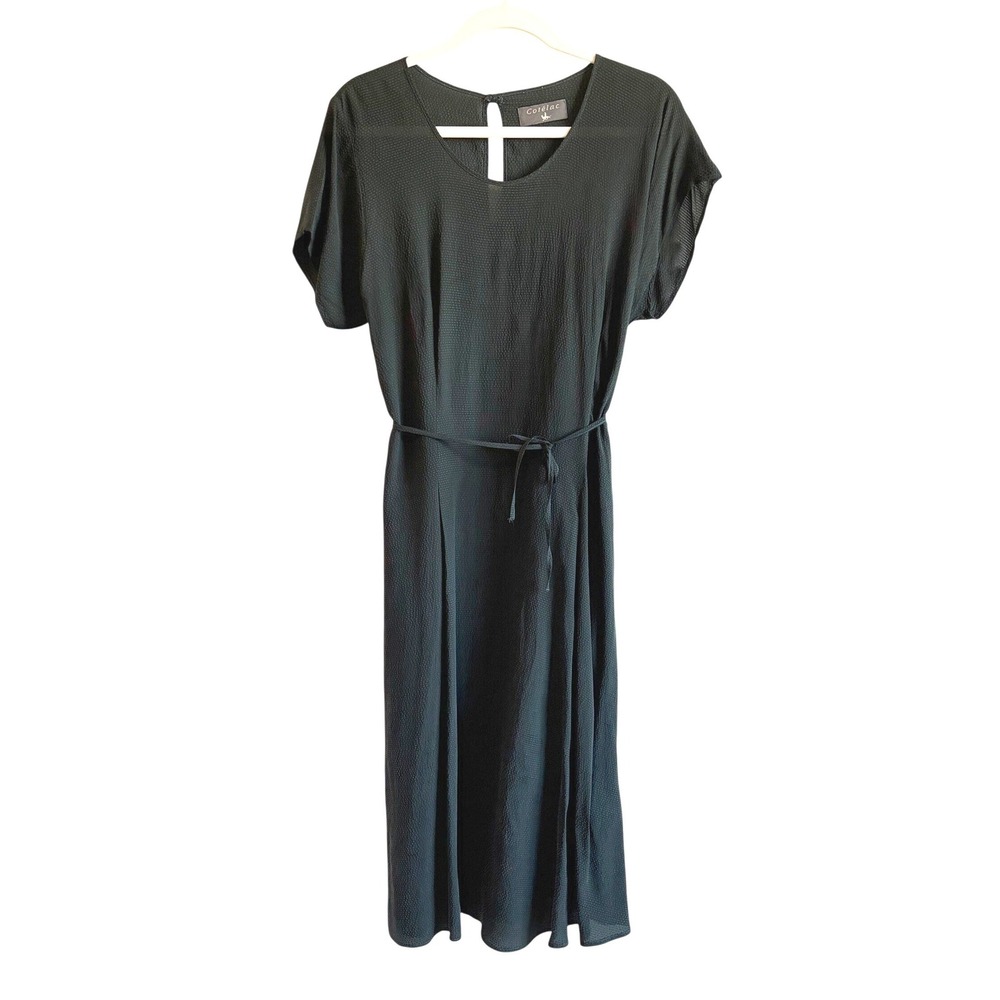 Cotélac Midi Dress Dark Green Womens‎ Textured Short Sleeve Tie Waist